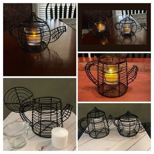 Vintage PAIR Hand Crafted Wire Teapot/Creamer Set with Glass Insert for candle.